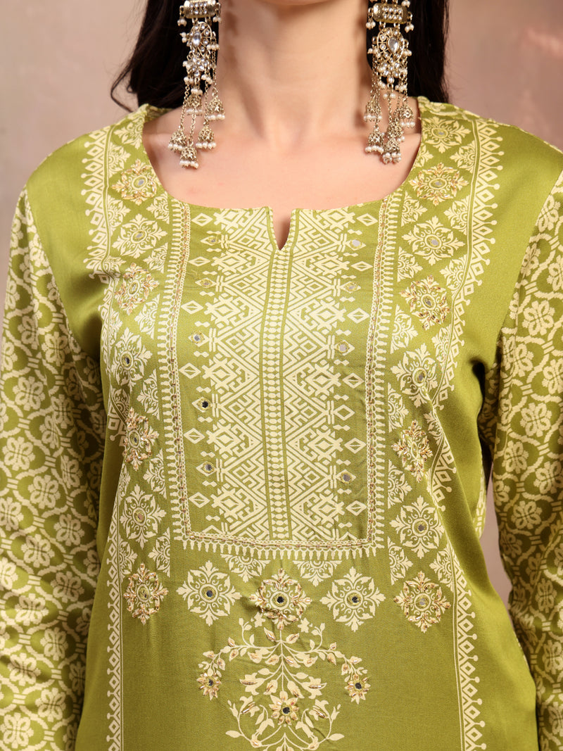 Women Green Printed Rayon Kurta Palazzo Set