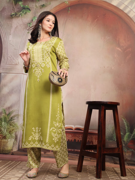 Women Green Printed Rayon Kurta Palazzo Set