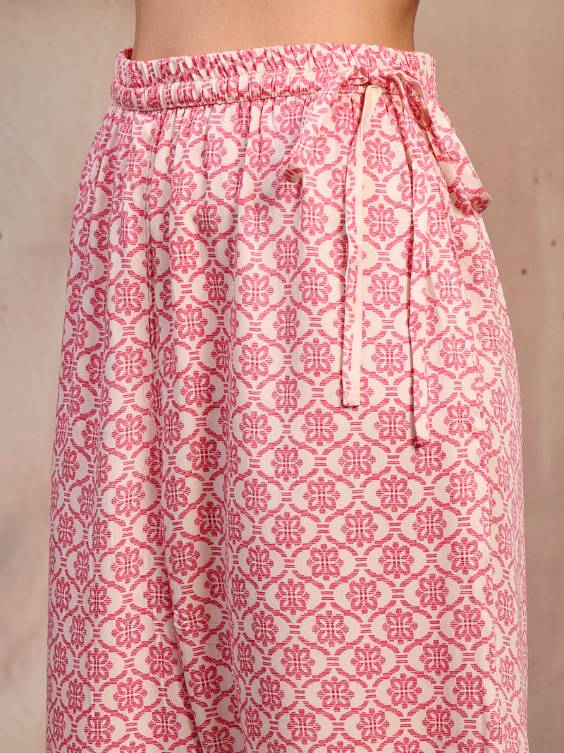 Women White Printed Rayon Kurta Palazzo Set