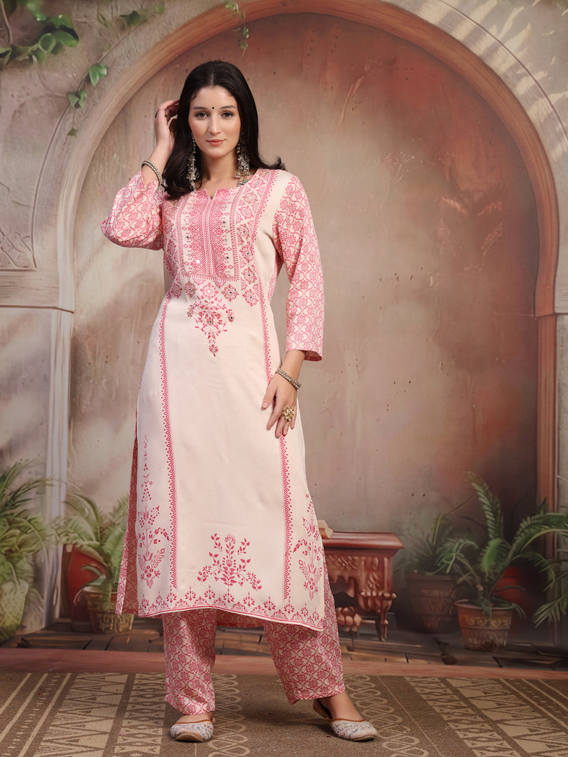 Women White Printed Rayon Kurta Palazzo Set