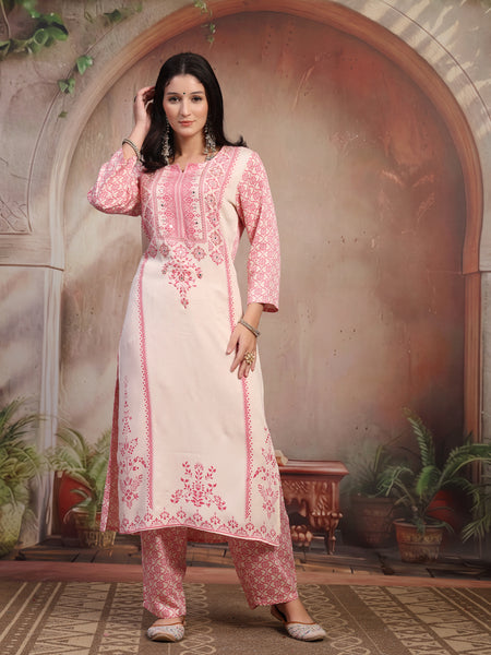 Women White Printed Rayon Kurta Palazzo Set