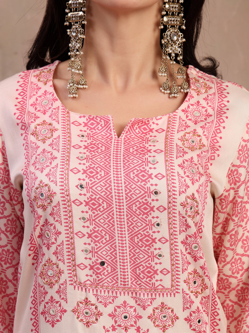 Women White Printed Rayon Kurta Palazzo Set