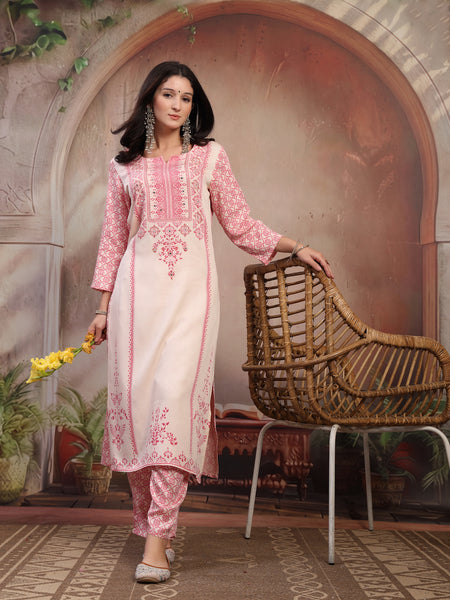 Women White Printed Rayon Kurta Palazzo Set