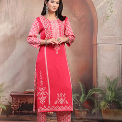 Women Pink Printed Rayon Kurta Palazzo Set