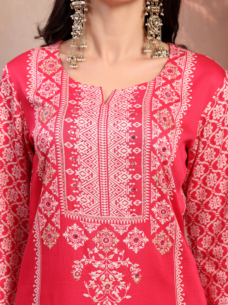 Women Pink Printed Rayon Kurta Palazzo Set