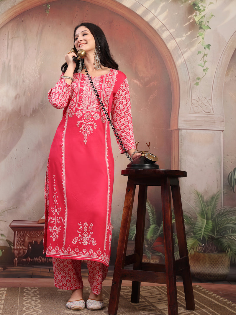 Women Pink Printed Rayon Kurta Palazzo Set