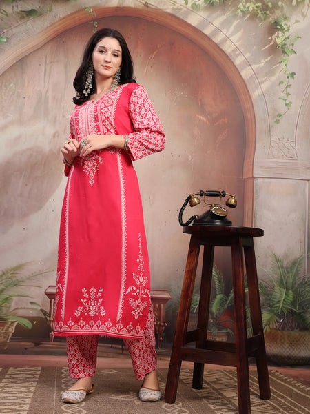Women Pink Printed Rayon Kurta Palazzo Set