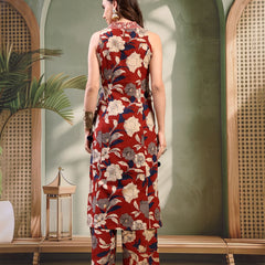 Women Maroon Embroidered Kurta Palazzo Set