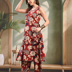 Women Maroon Embroidered Kurta Palazzo Set