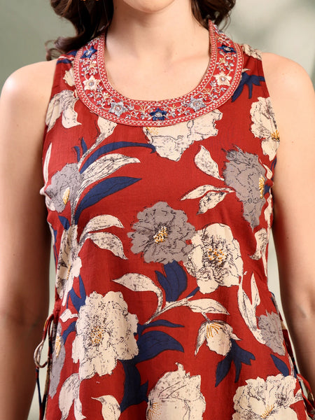 Women Maroon Embroidered Kurta Palazzo Set