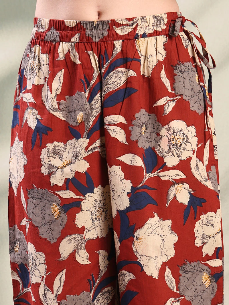 Women Maroon Embroidered Kurta Palazzo Set