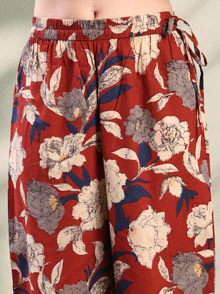 Women Maroon Embroidered Kurta Palazzo Set