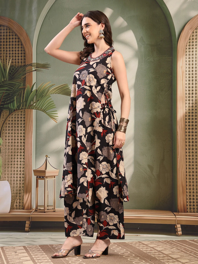 Black Embroidered Kurta Palazzo Set for Women