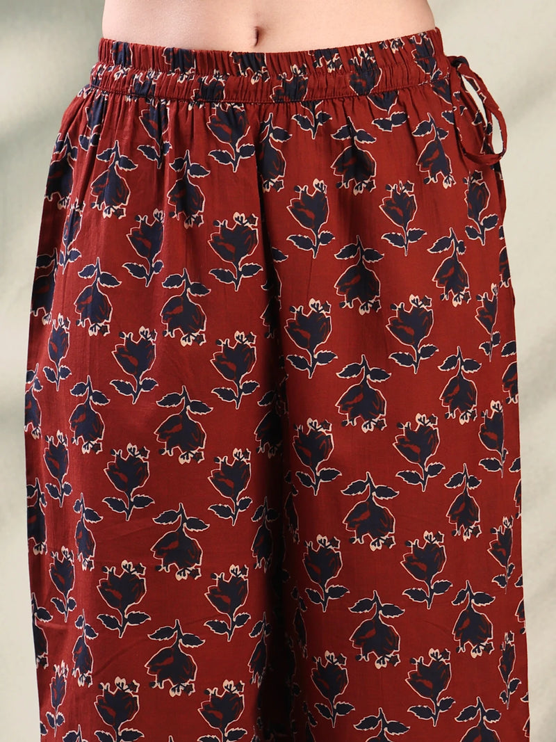 Girl Maroon Embroidered Kurta Palazzo Set