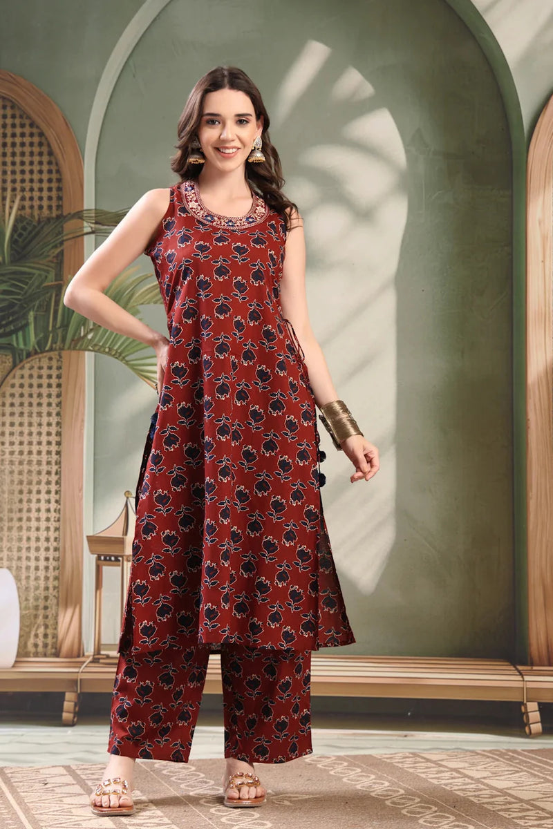 Girl ethnic maroon kurta set front view
