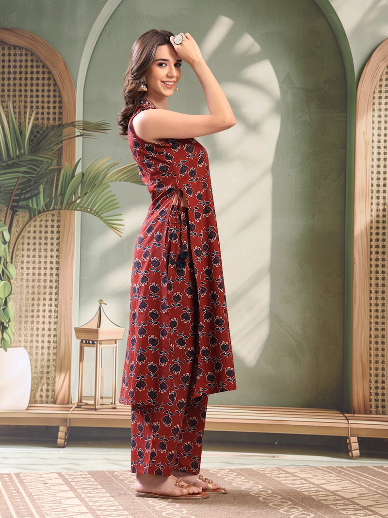 Girl Maroon Embroidered Kurta Palazzo Set