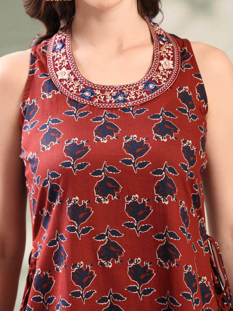 Girl Maroon Embroidered Kurta Palazzo Set