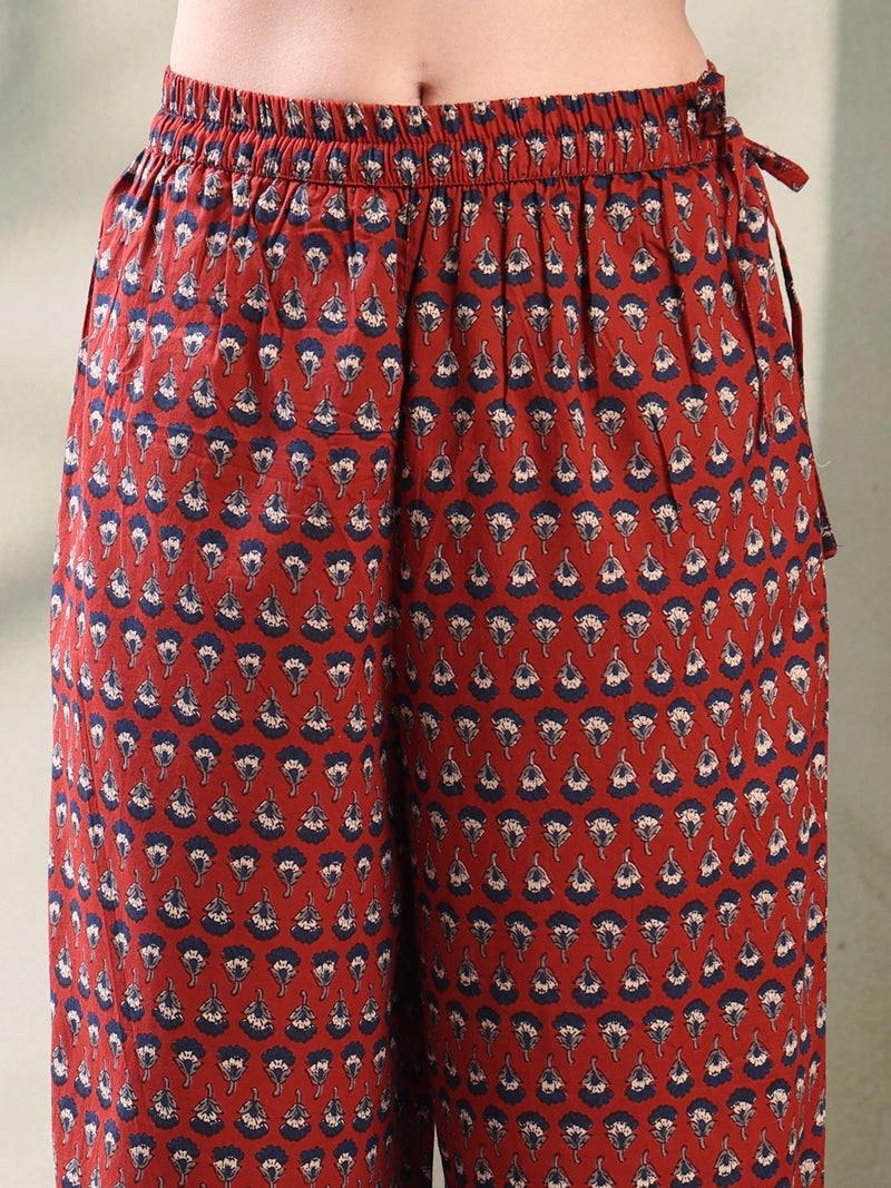 Female Maroon Embroidered Kurta Palazzo Set