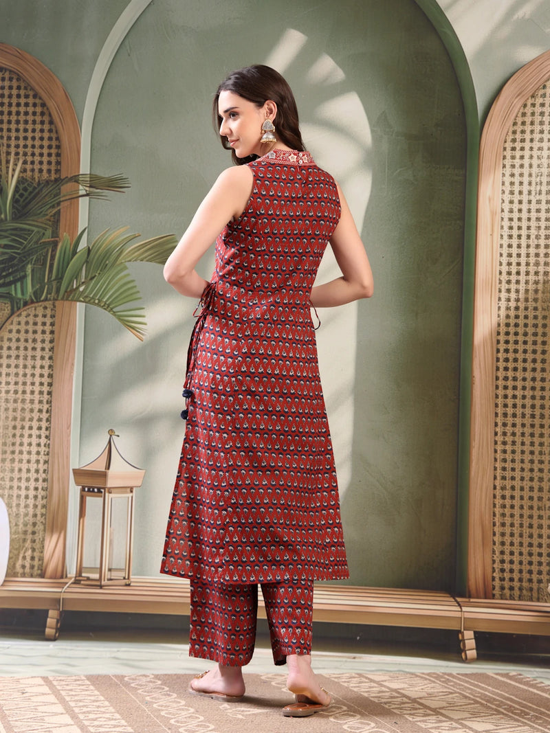 Female Maroon Embroidered Kurta Palazzo Set