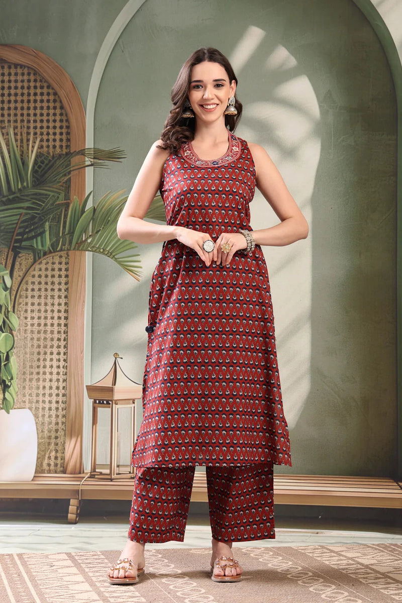 Female ethnic maroon kurta set front view
