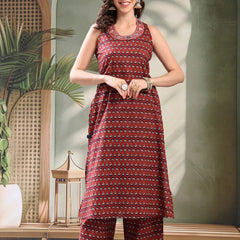 Female ethnic maroon kurta set front view
