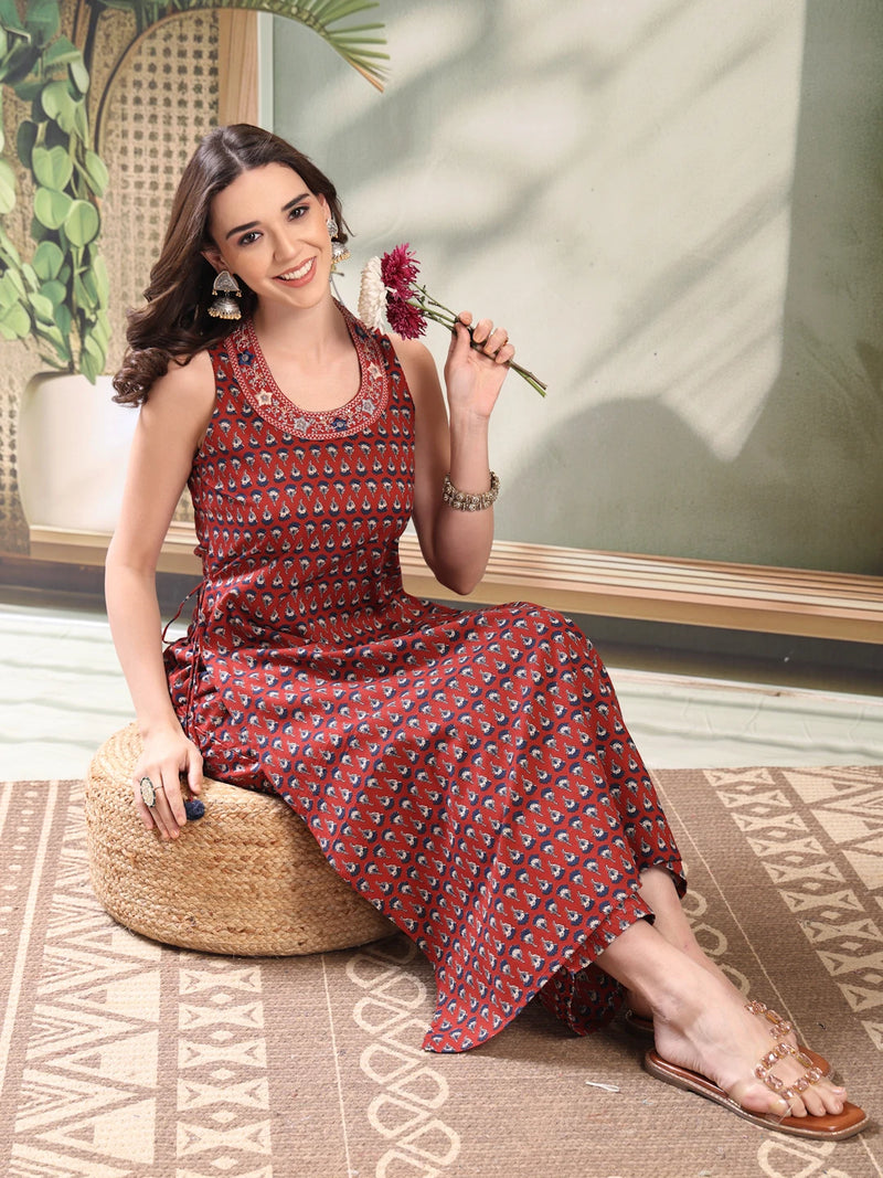 Female Maroon Embroidered Kurta Palazzo Set
