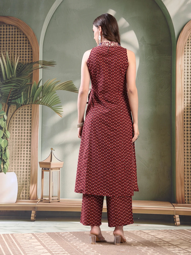 Girl Maroon Embroidered Cut Sleeve Kurta Set