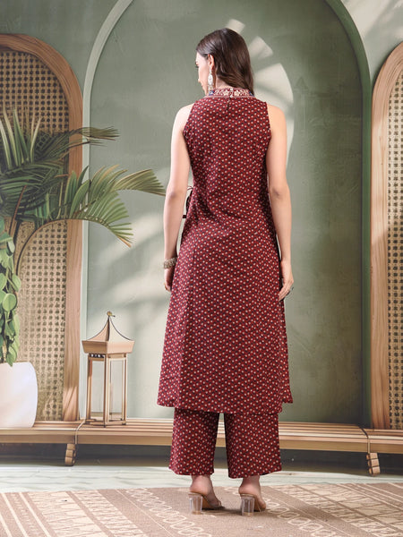 Girl Maroon Embroidered Cut Sleeve Kurta Set