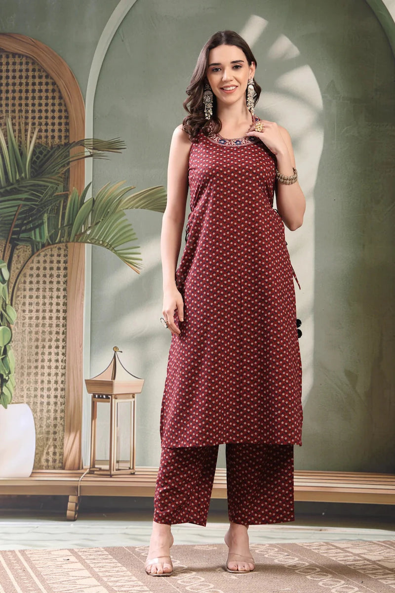 Girl ethnic maroon kurta set front view
