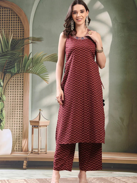 Girl ethnic maroon kurta set front view
