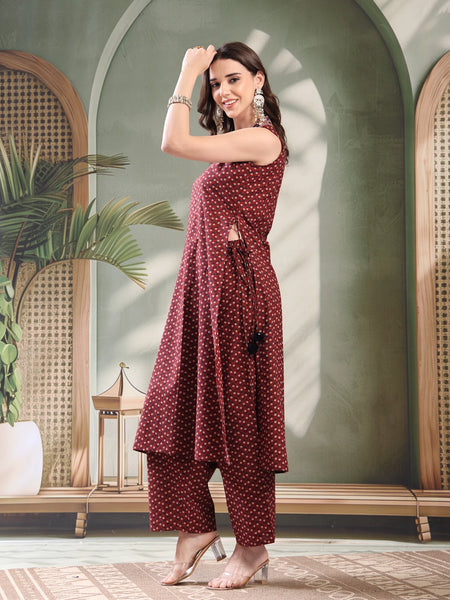 Girl Maroon Embroidered Cut Sleeve Kurta Set