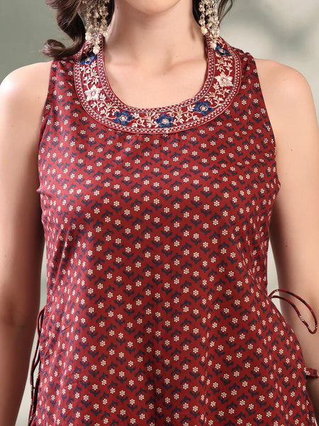 Girl Maroon Embroidered Cut Sleeve Kurta Set