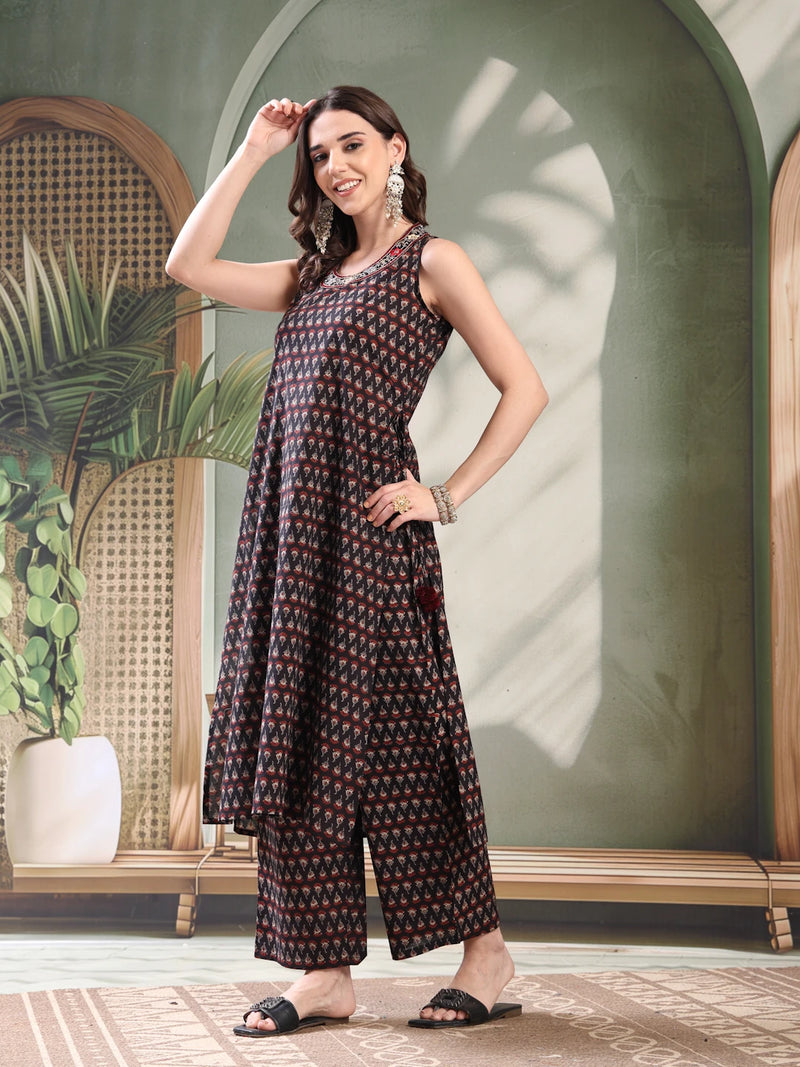 Women Black Embroidered Cut Sleeve Kurta Set