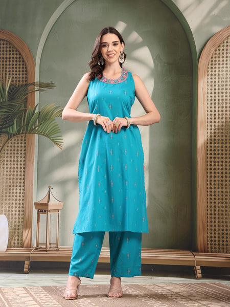 Female Turquoise Blue Embroidered Kurta Set