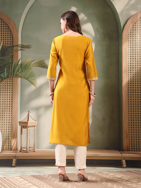 Mustard Embroidered Round Neck Straight Kurta for Lady