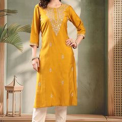 Lady ethnic mustard kurta front view
