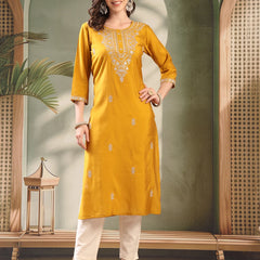 Mustard Embroidered Round Neck Straight Kurta for Lady