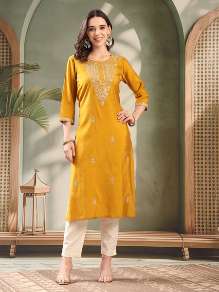 Mustard Embroidered Round Neck Straight Kurta for Lady