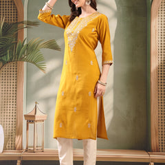 Mustard Embroidered Round Neck Straight Kurta for Lady