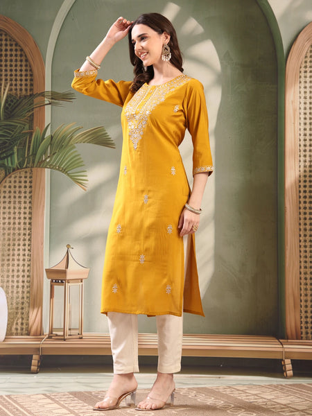 Mustard Embroidered Round Neck Straight Kurta for Lady