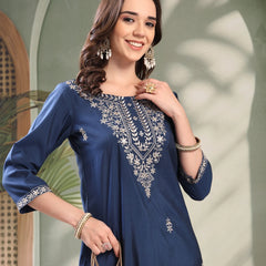 Girl Navy Blue Embroidered Round Neck Kurta