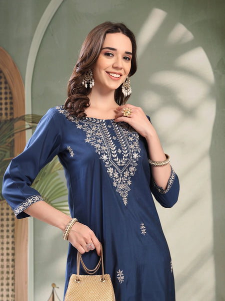 Girl Navy Blue Embroidered Round Neck Kurta