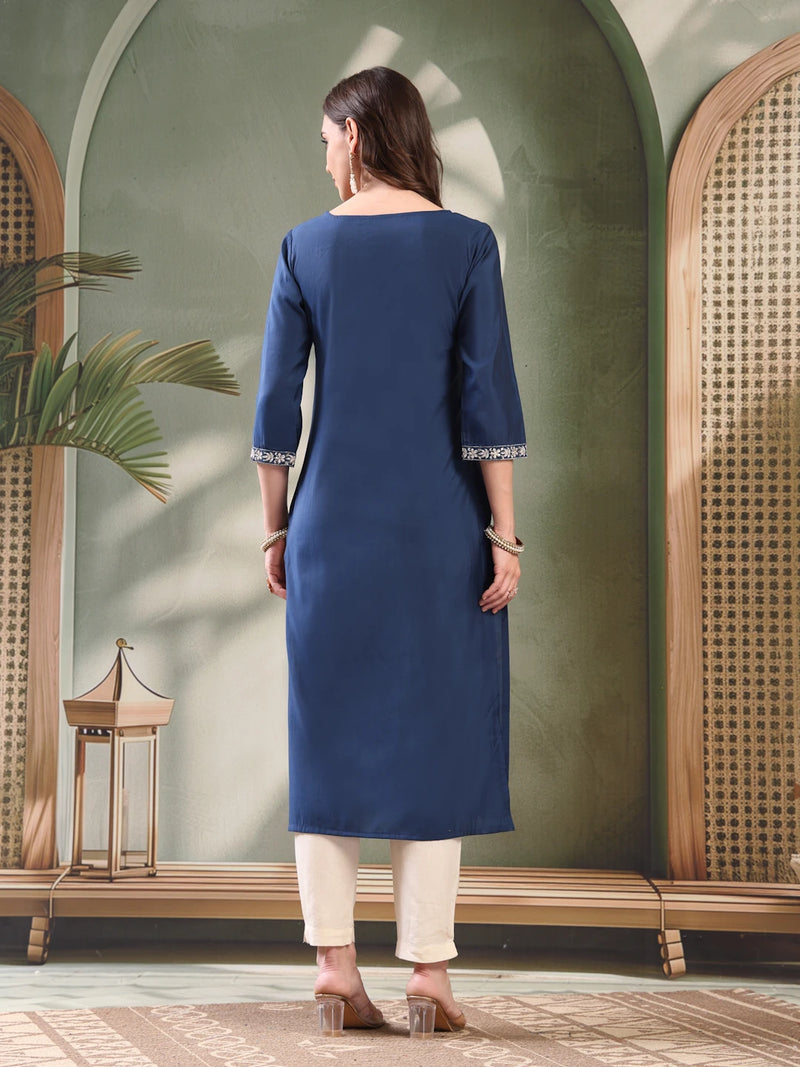 Girl Navy Blue Embroidered Round Neck Kurta