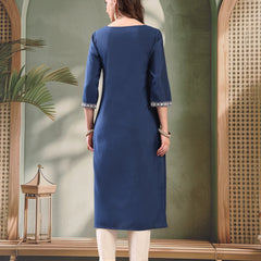 Girl Navy Blue Embroidered Round Neck Kurta