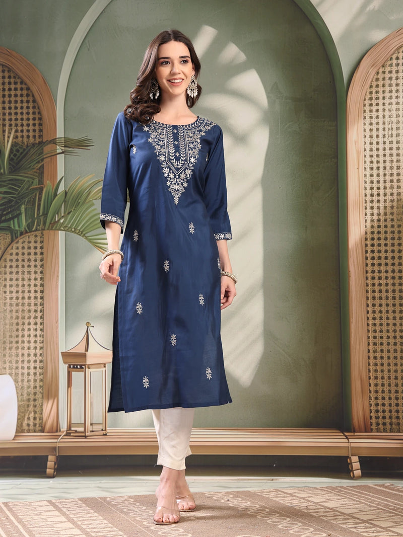 Girl Navy Blue Embroidered Round Neck Kurta
