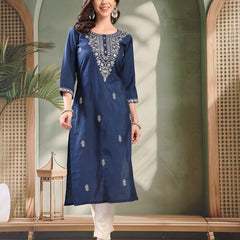 Girl Navy Blue Embroidered Round Neck Kurta