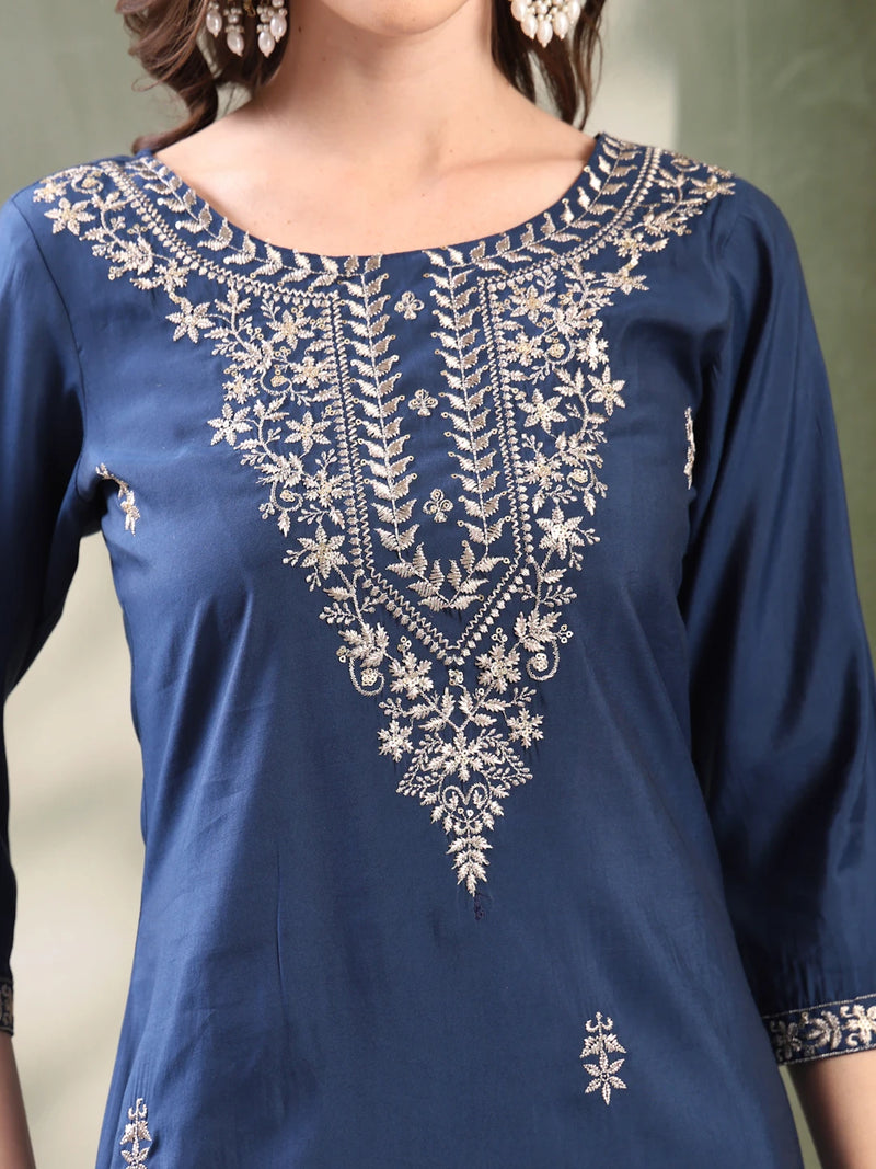 Girl Navy Blue Embroidered Round Neck Kurta