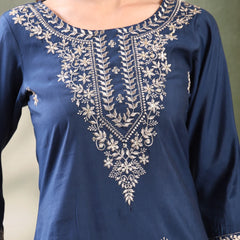Girl Navy Blue Embroidered Round Neck Kurta
