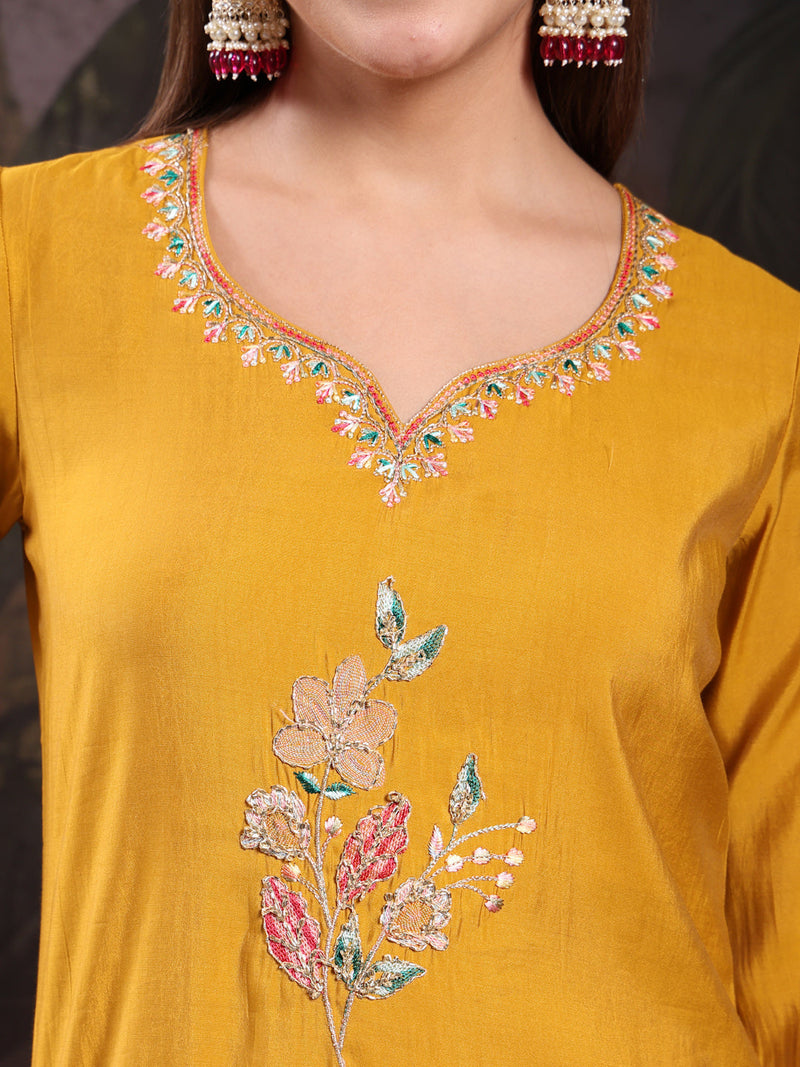 Women Mustard Color Embroidery Kurta With Palazzo & Dupatta Set