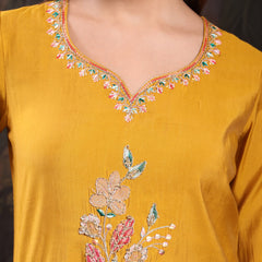 Women Mustard Color Embroidery Kurta With Palazzo & Dupatta Set